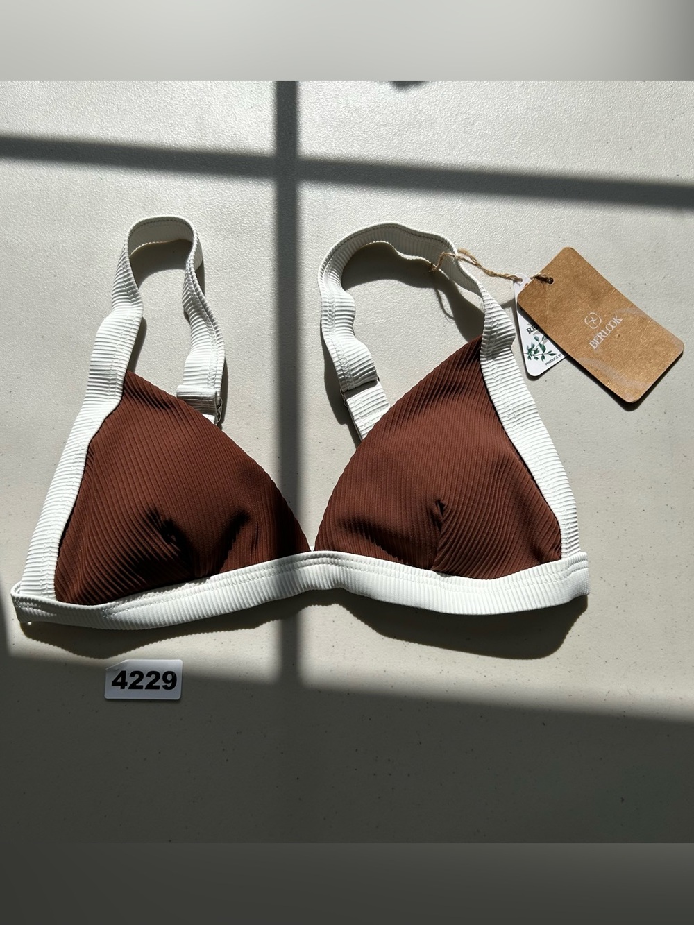 BERLOOK Bikini Top XS Brown Contrast Trim Ribbed Triangle Wide Strap